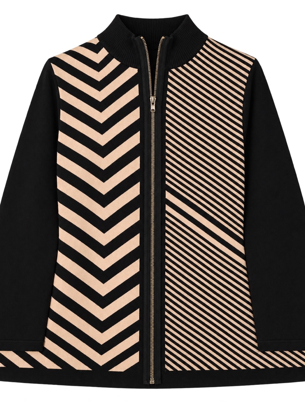 Womens Black & Beige Zip-Front Patterned Bomber Jacket